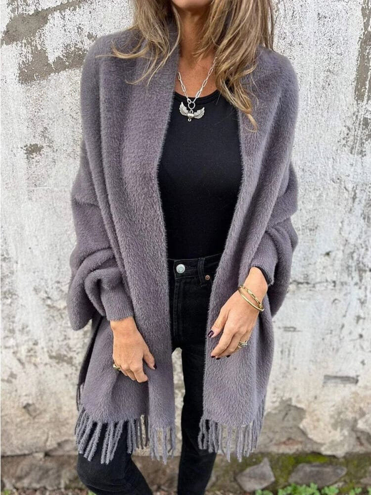 Casual Strikket Fleece Cape med Frynser