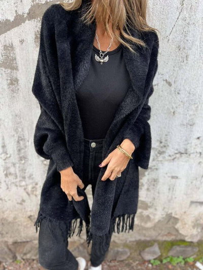 Casual Strikket Fleece Cape med Frynser