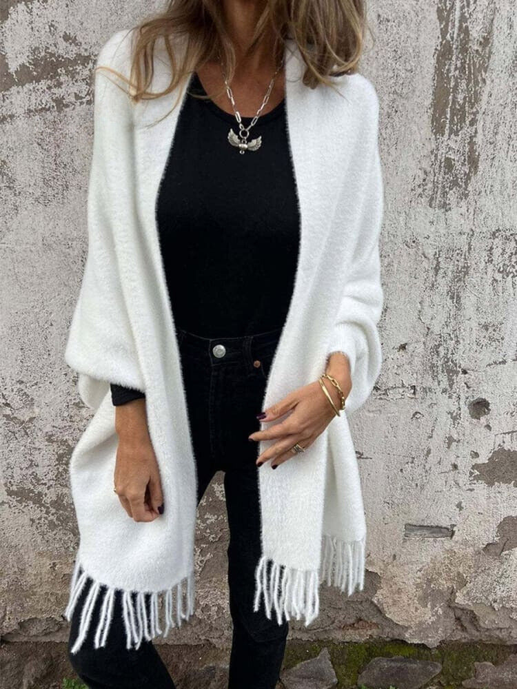 Casual Strikket Fleece Cape med Frynser