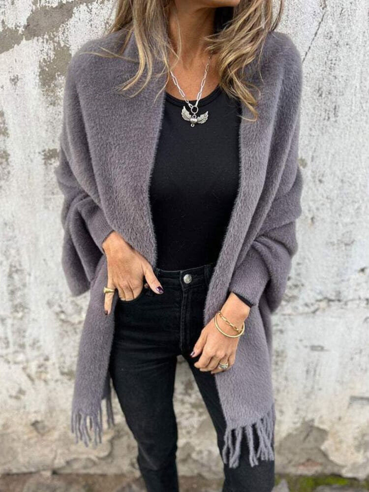 Casual Strikket Fleece Cape med Frynser