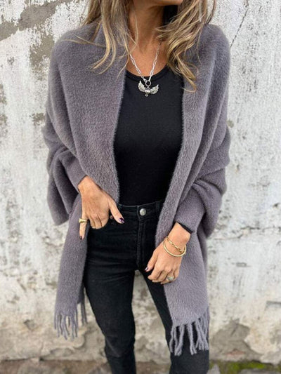 Casual Strikket Fleece Cape med Frynser