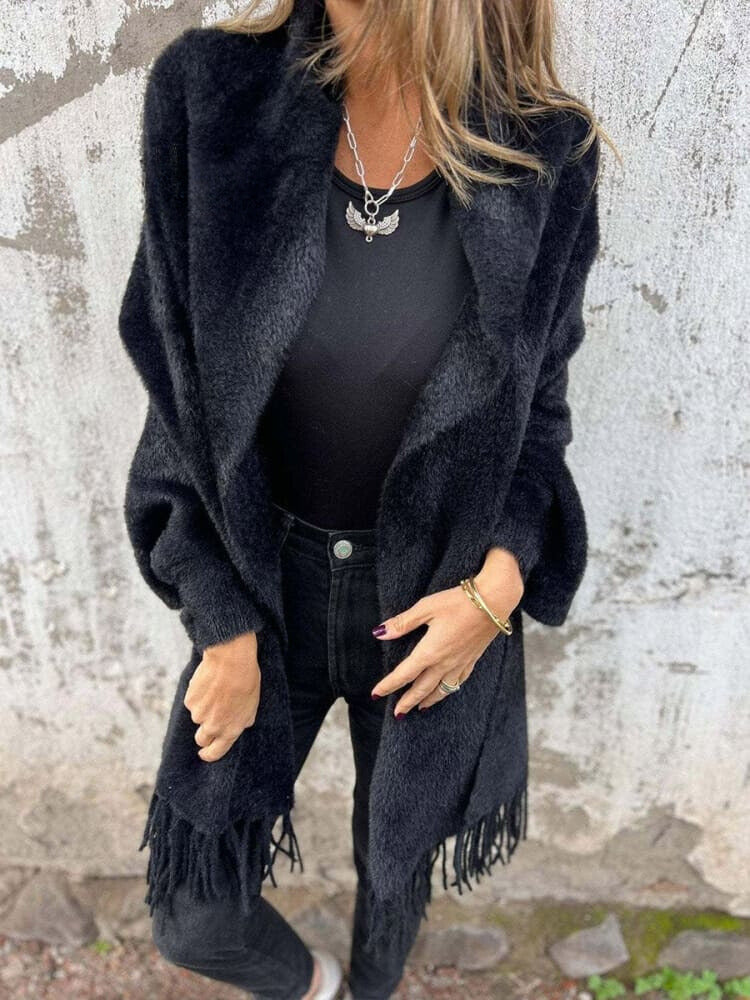 Casual Strikket Fleece Cape med Frynser
