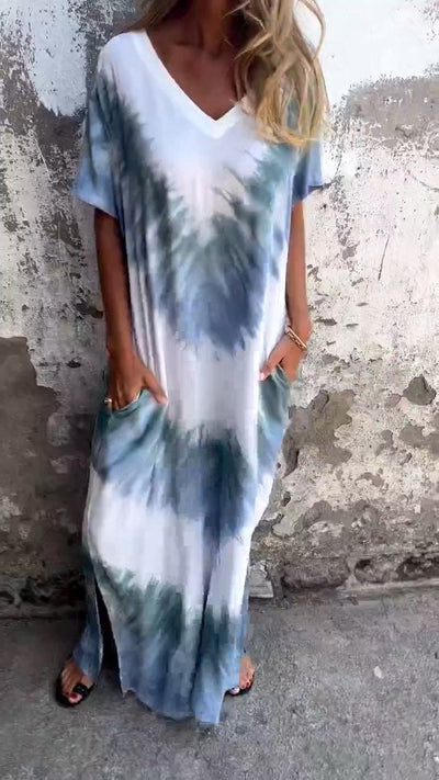 Tie-Dye V-Hals Lang Komfortabel Kjole