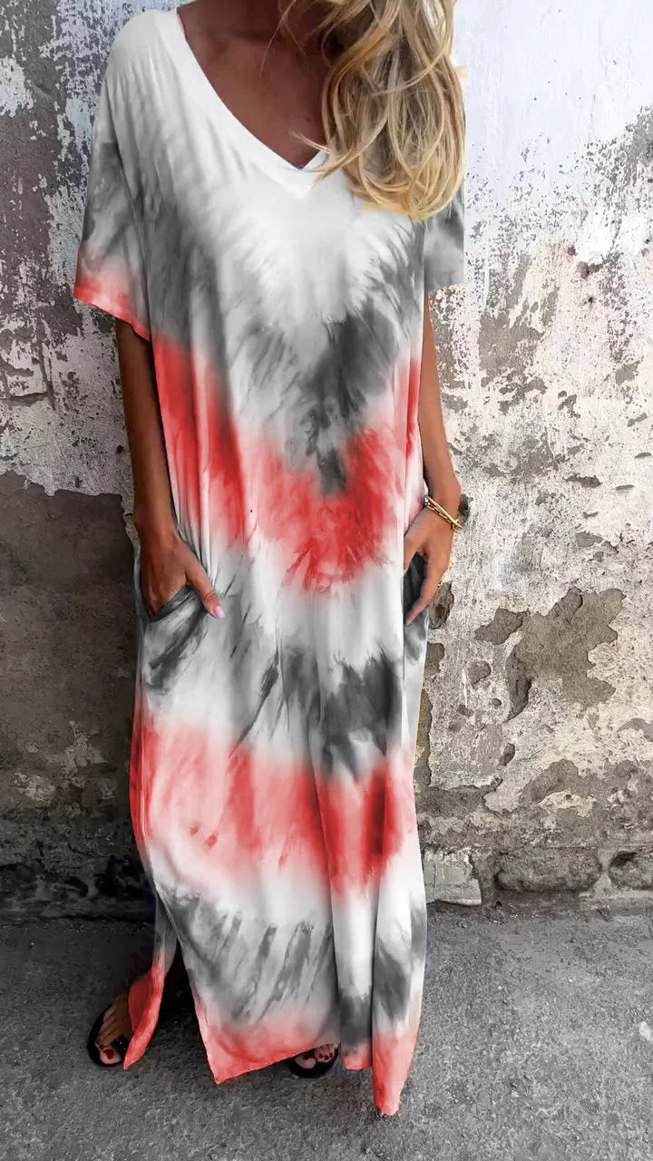 Tie-Dye V-Hals Lang Komfortabel Kjole