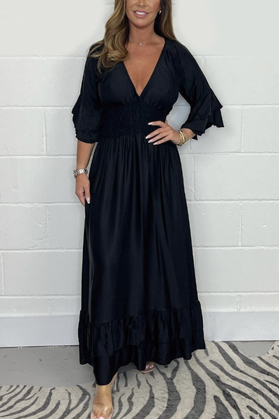 Satin Maxi Kjole Med Flæser