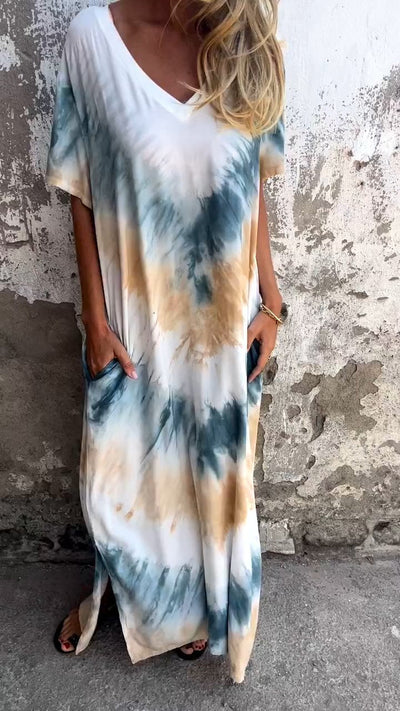 Tie-Dye V-Hals Lang Komfortabel Kjole