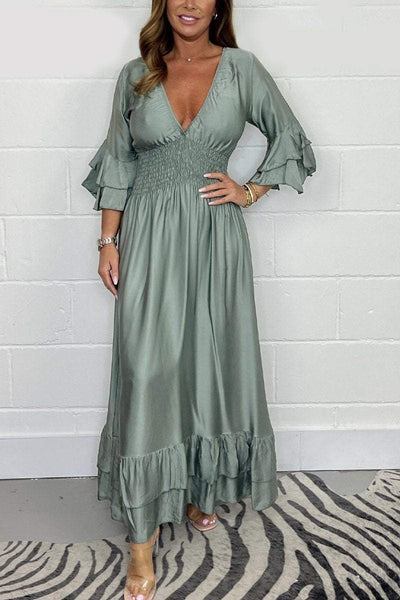 Satin Maxi Kjole Med Flæser
