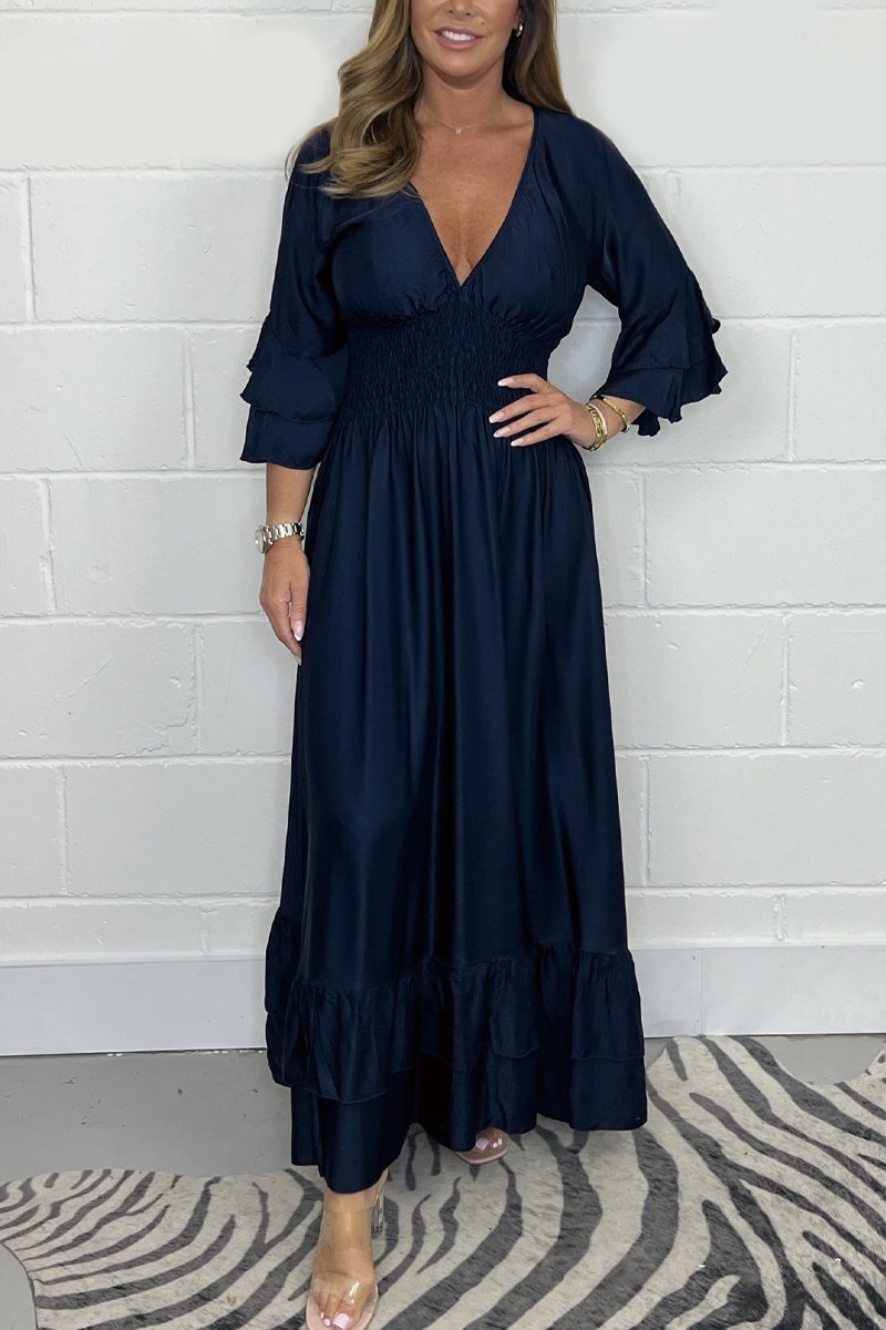 Satin Maxi Kjole Med Flæser