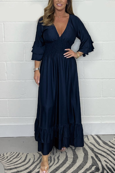 Satin Maxi Kjole Med Flæser