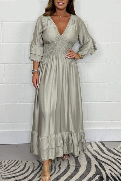 Satin Maxi Kjole Med Flæser
