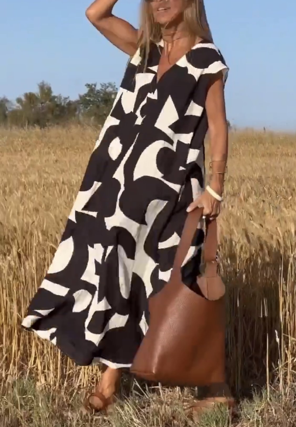 Casual Printet V-Hals Maxi Kjole