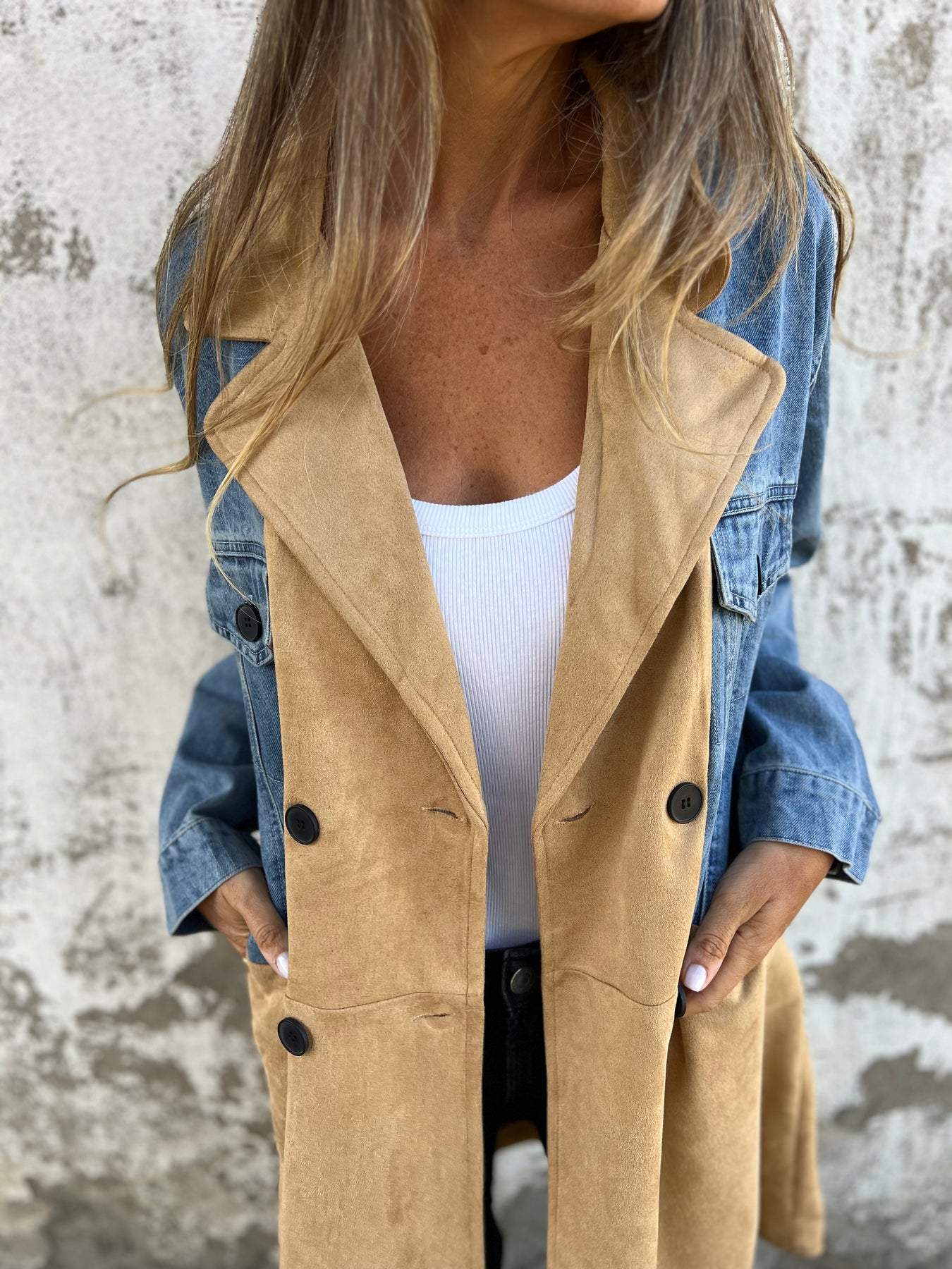 Lapel Denim Patchwork Design Jakke