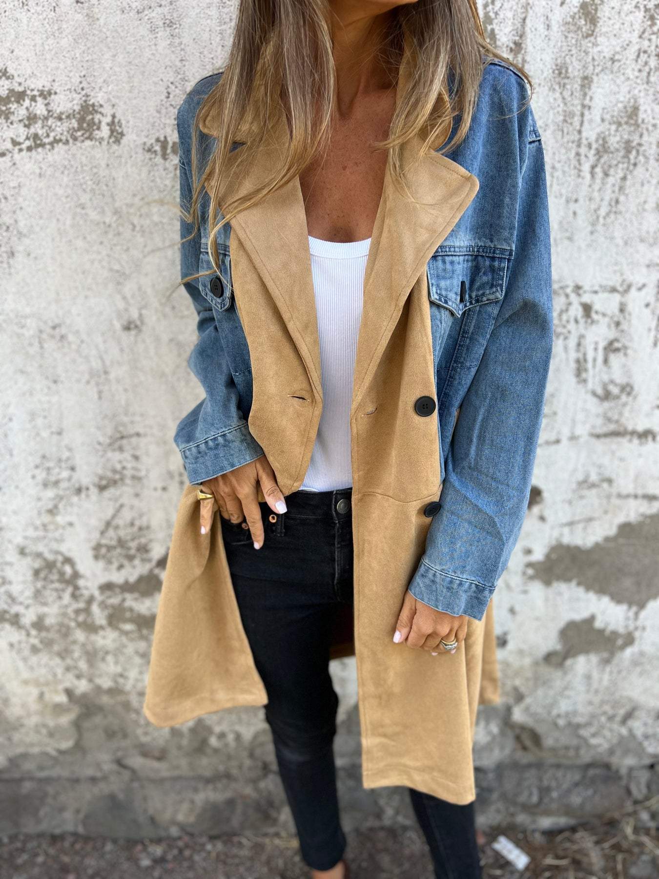 Lapel Denim Patchwork Design Jakke