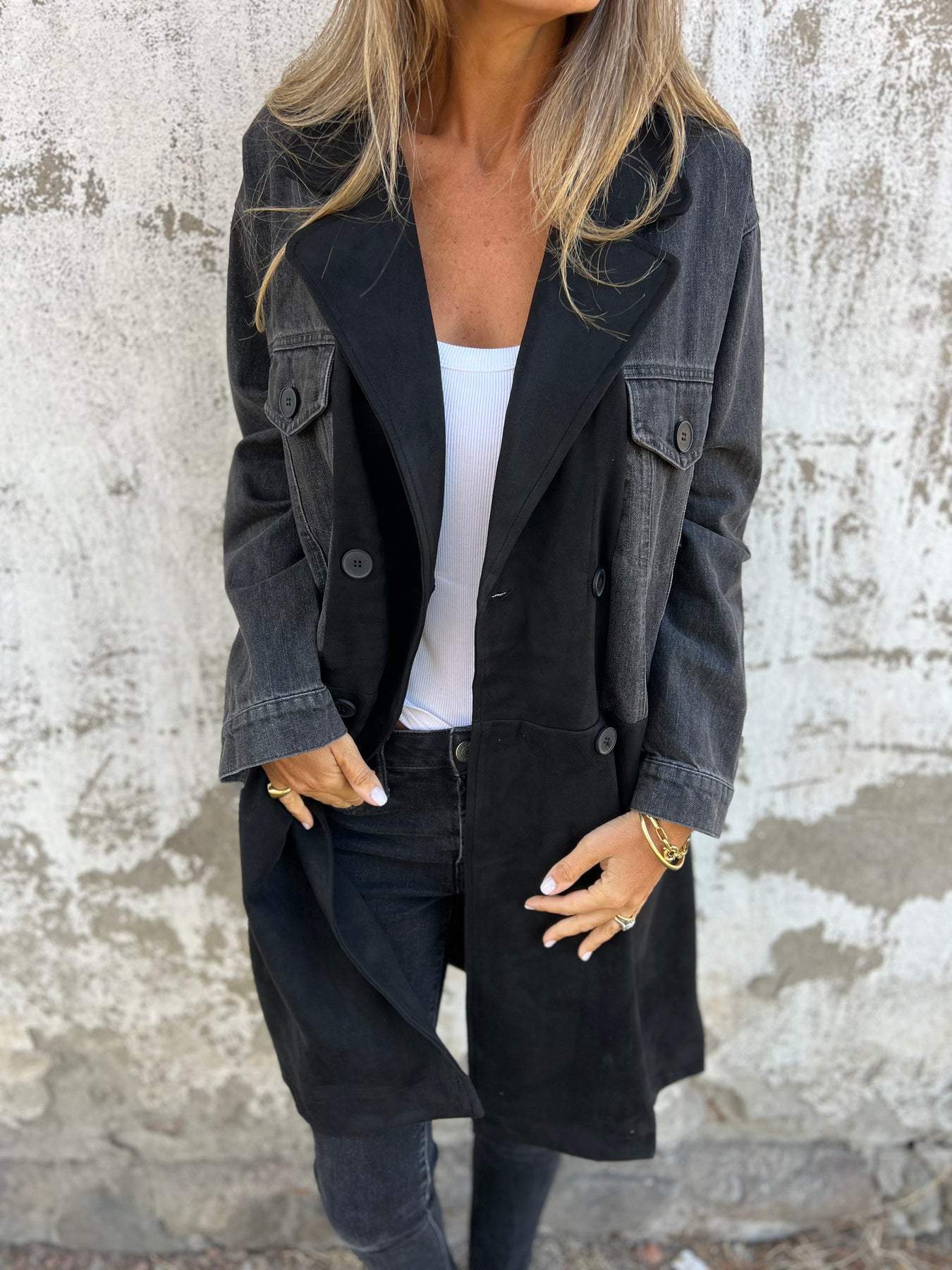 Lapel Denim Patchwork Design Jakke