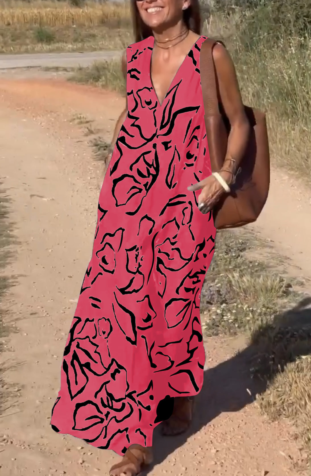 Casual Printet V-Hals Maxi Kjole