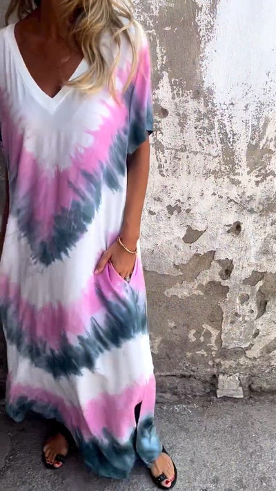 Tie-Dye V-Hals Lang Komfortabel Kjole