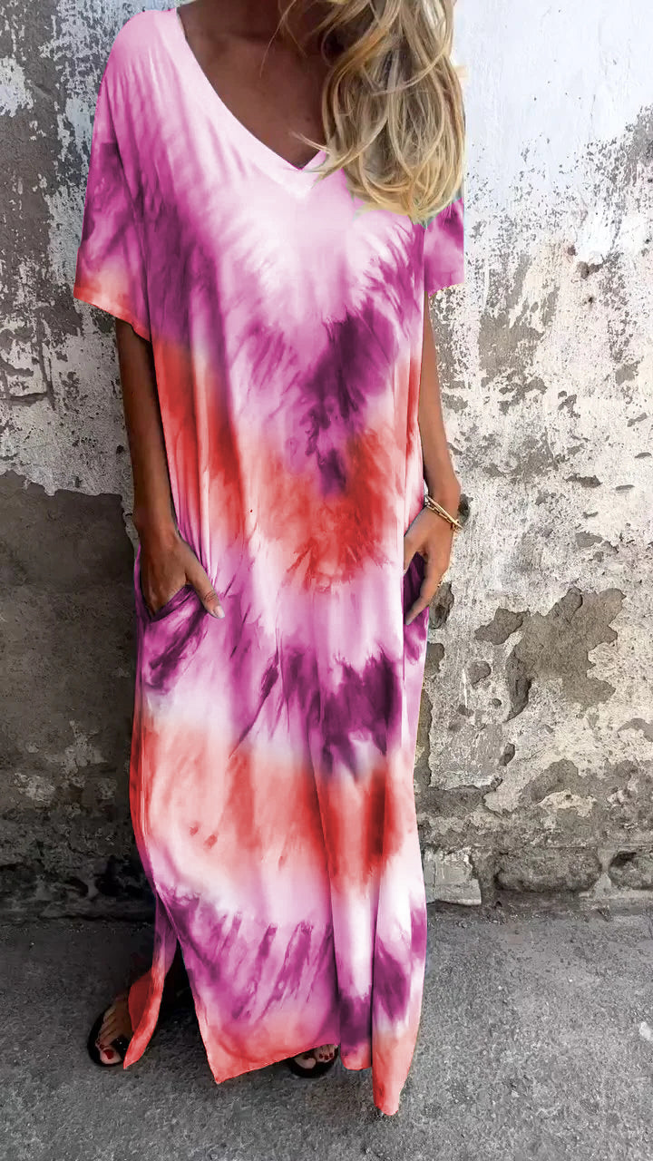 Tie-Dye V-Hals Lang Komfortabel Kjole