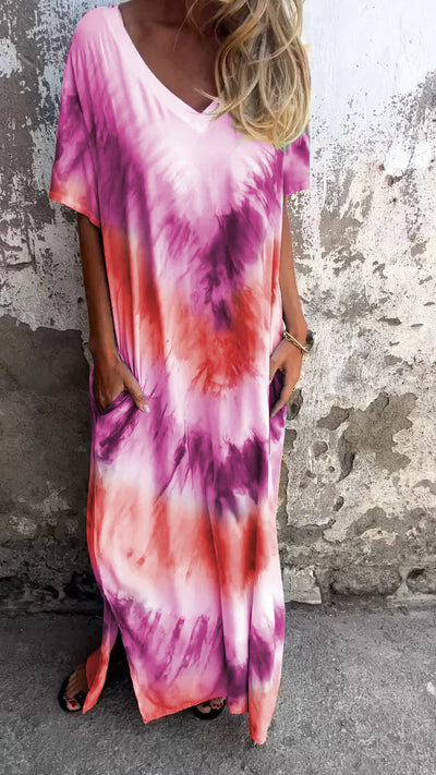 Tie-Dye V-Hals Lang Komfortabel Kjole