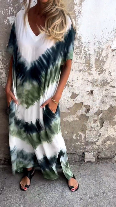 Tie-Dye V-Hals Lang Komfortabel Kjole
