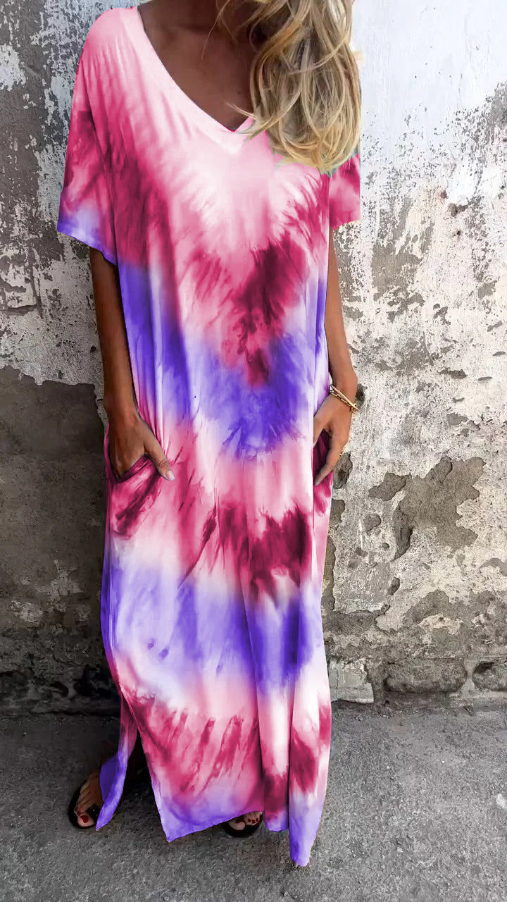 Tie-Dye V-Hals Lang Komfortabel Kjole