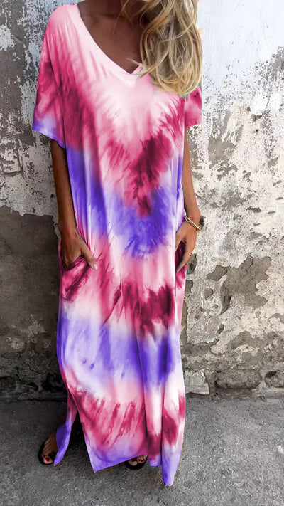 Tie-Dye V-Hals Lang Komfortabel Kjole