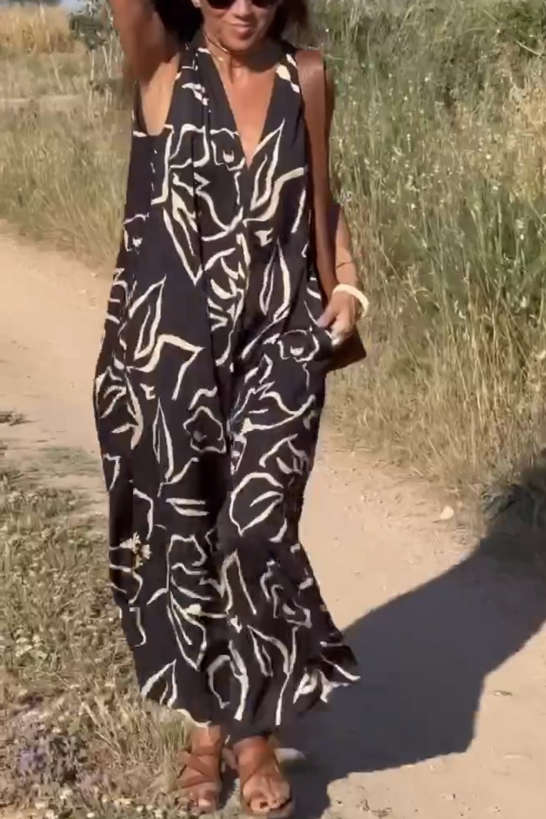 Casual Printet V-Hals Maxi Kjole
